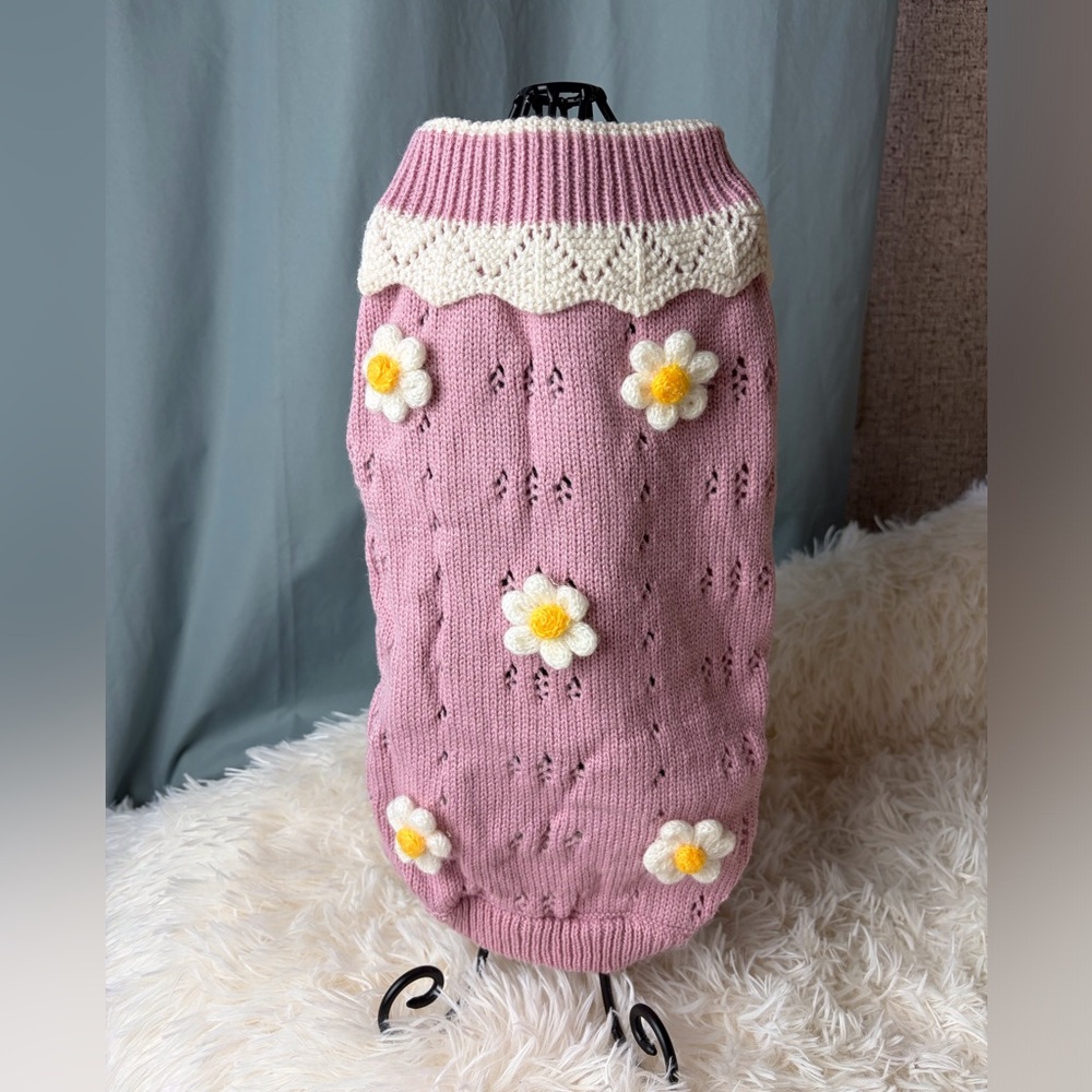 Dog Cat Pink Floral Knit Pull Over Sweater